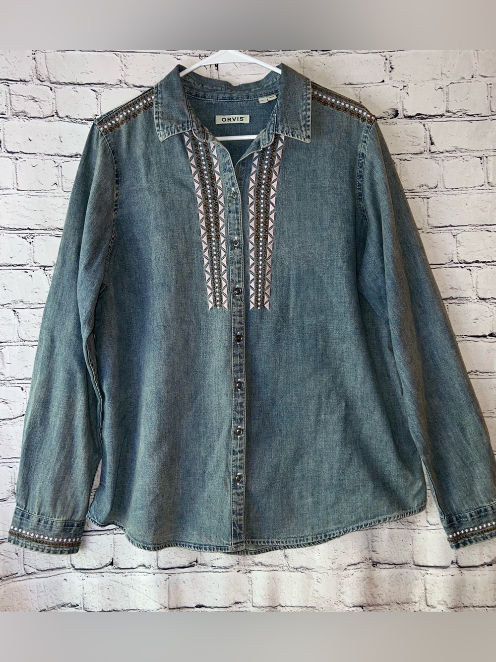 Orvis Embroidered Denim Button Down Long Sleeve Top Size Large
